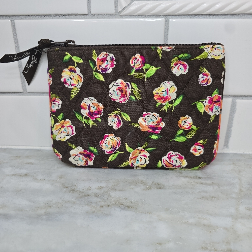 Vera Bradley Quilted Zip Cosmetic Pouch Floral Brown Pink 7x5